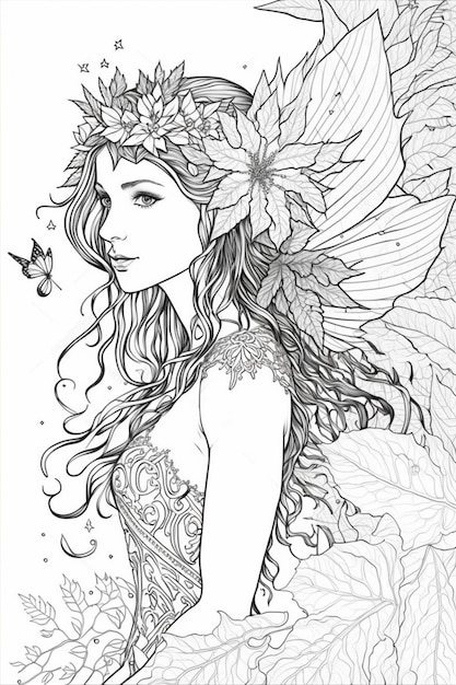 a coloring page with a fairy girl and butterflies generative ai