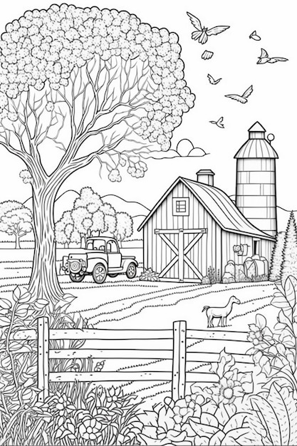 Photo a coloring page with a farm scene and a tractor generative ai