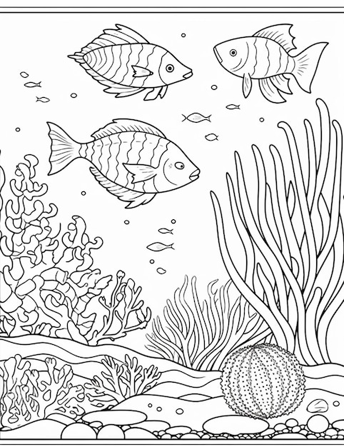 Photo a coloring page with fish and corals in the ocean generative ai