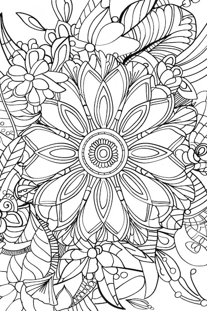 a coloring page with a flower and leaves design generative ai