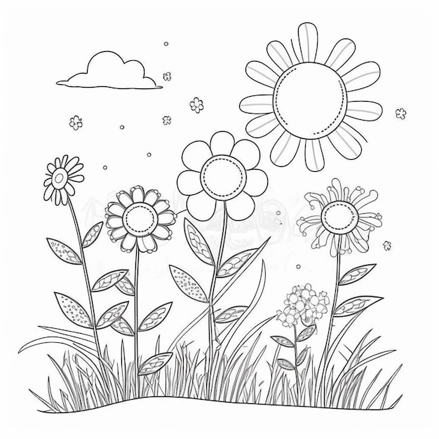 Photo a coloring page with flowers and butterflies in the grass generative ai