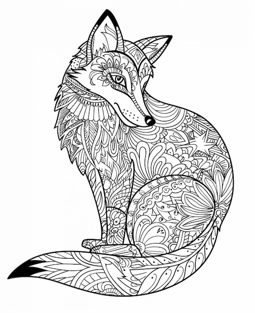 Photo a coloring page with a fox sitting on the ground generative ai