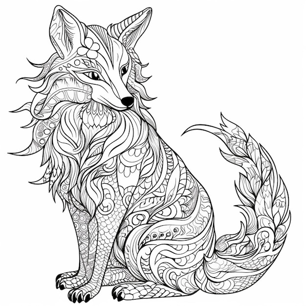 Photo a coloring page with a fox sitting on the ground generative ai