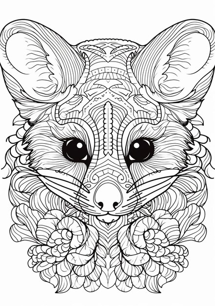 Photo a coloring page with a foxs head and flowers generative ai