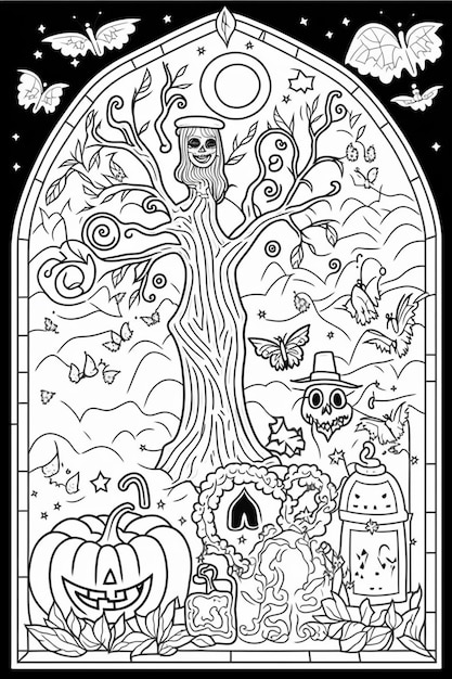 a coloring page with a halloween scene and a tree generative ai