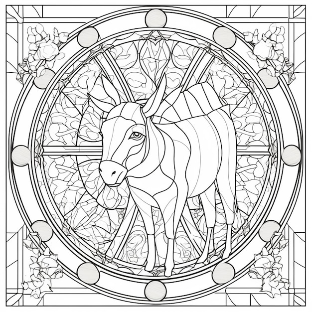 a coloring page with a horse in a stained glass window generative ai