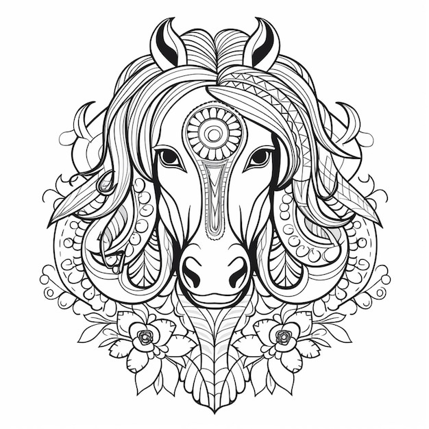 a coloring page with a horse with a floral head generative ai