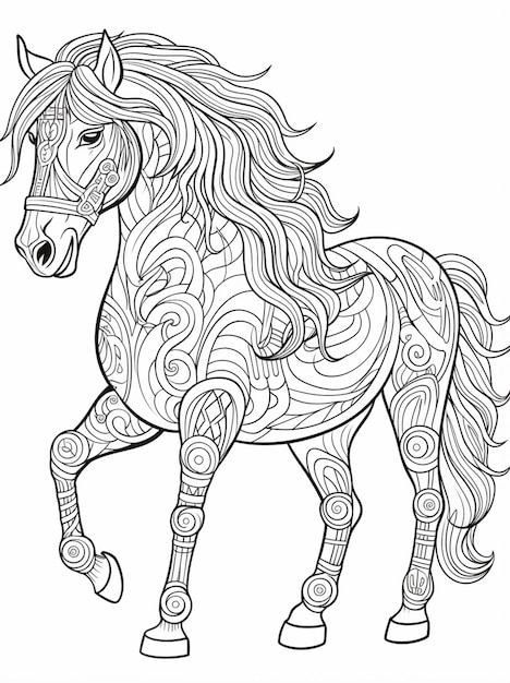 a coloring page with a horse with a long mane and a pattern on it generative ai