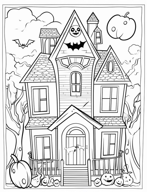 a coloring page with a house and a ghost on the front generative ai