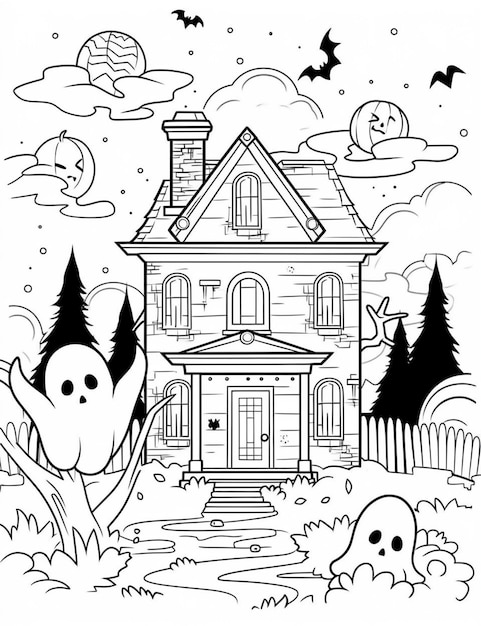 A coloring page with a house and ghosty faces generative ai