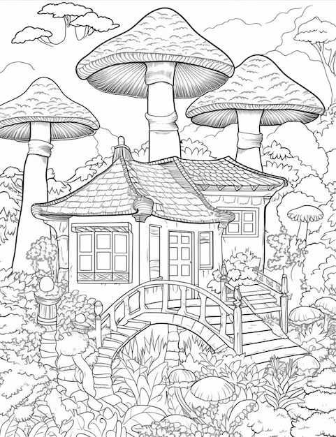 A coloring page with a house and mushrooms in the garden generative ai