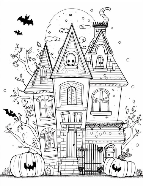 A coloring page with a house and pumpkins generative ai