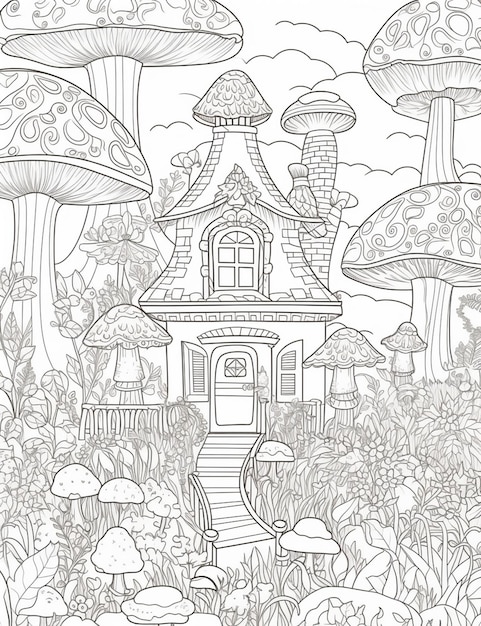 A coloring page with a house surrounded by mushrooms and mushrooms generative ai