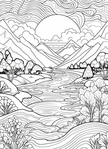 a coloring page with a landscape and mountains generative ai
