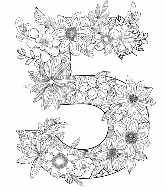 a coloring page with the letter e and flowers generative ai