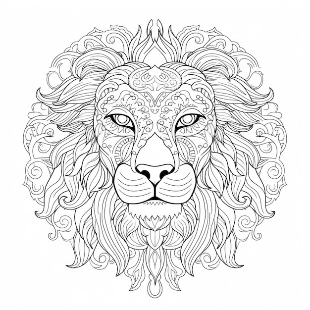 a coloring page with a lions head with ornate patterns generative ai