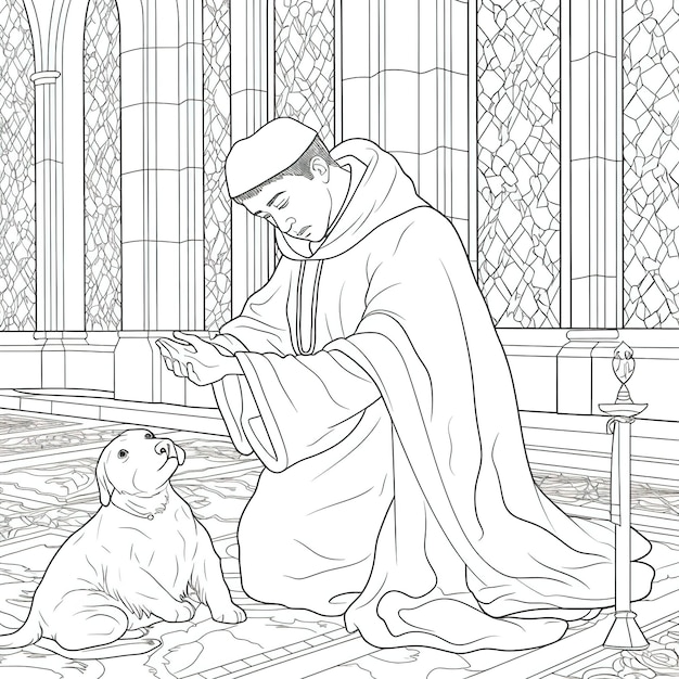 A coloring page with a man and a dog in a church.