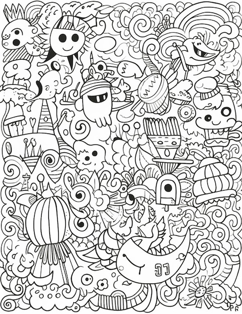 a coloring page with many different cartoon characters generative ai