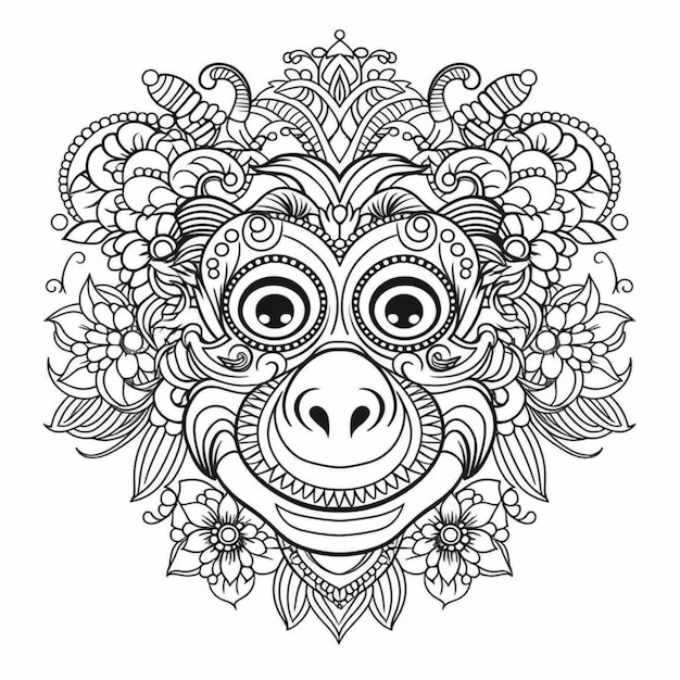 a coloring page with a monkey with flowers and leaves generative ai
