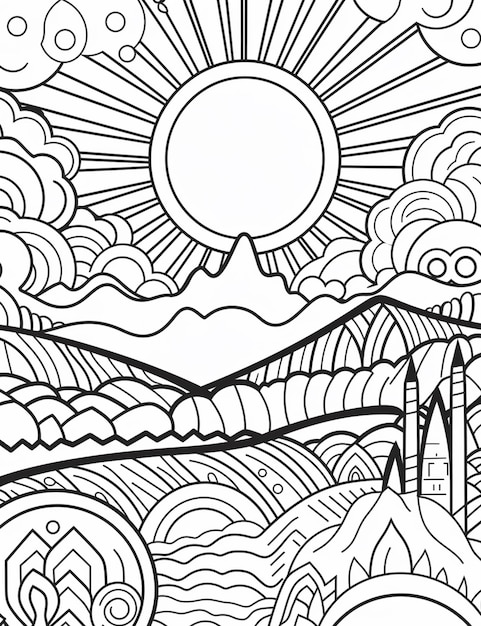 A coloring page with a mountain and sun in the background generative ai