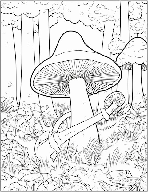 A coloring page with a mushroom in the forest generative ai