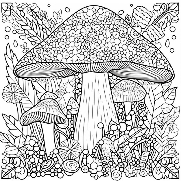 Photo a coloring page with mushrooms and leaves generative ai