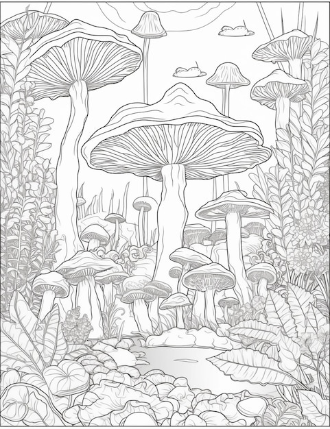 Красивая страница с грибами и растениями в лесу