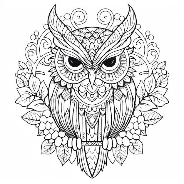 Photo a coloring page with an owl and flowers generative ai