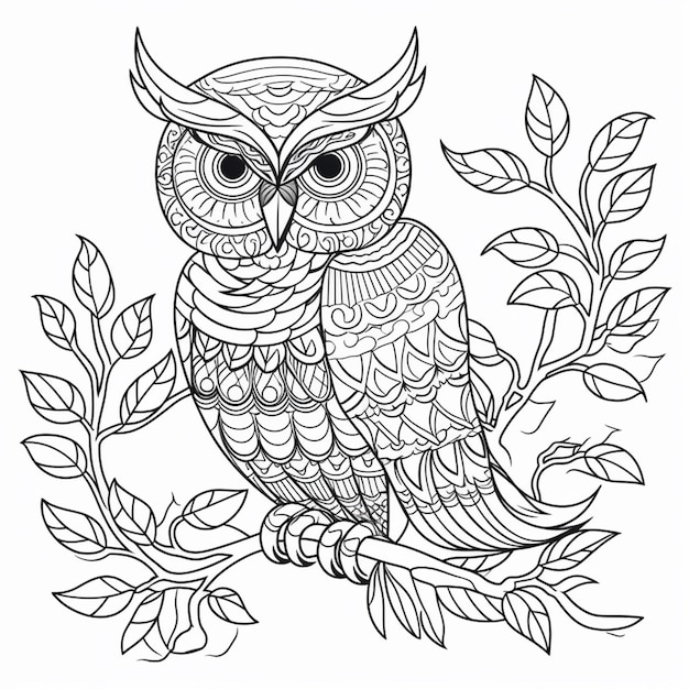 a coloring page with an owl sitting on a branch generative ai