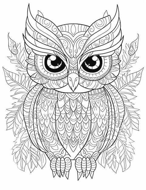 a coloring page with an owl sitting on a branch generative ai