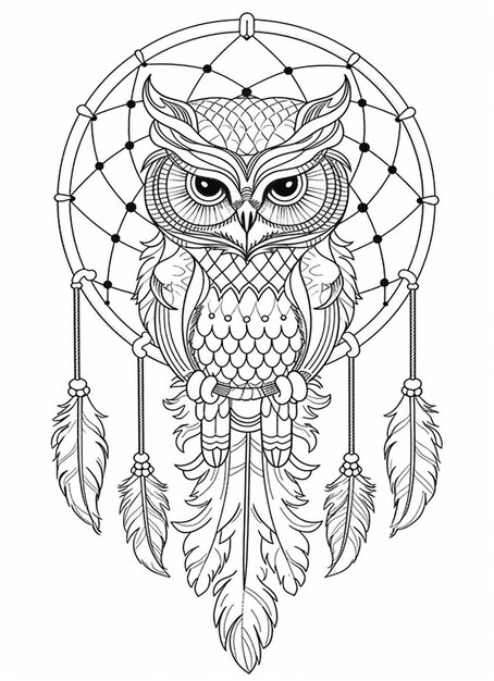 Photo a coloring page with an owl sitting on a dream catcher generative ai