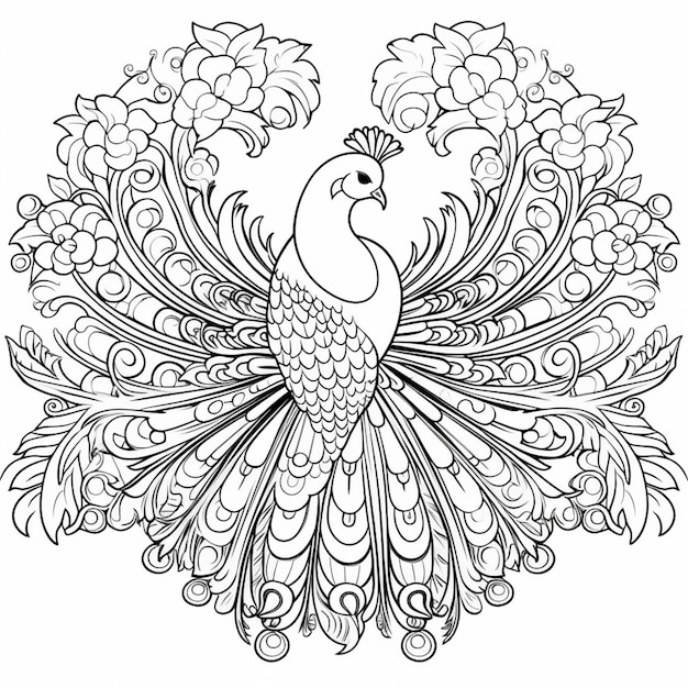 a coloring page with a peacock and flowers generative ai