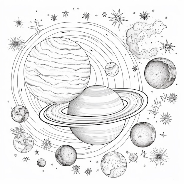 a coloring page with planets and stars in a circle generative ai