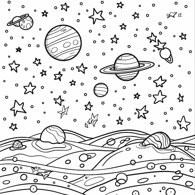 Photo a coloring page with planets and stars in the sky generative ai