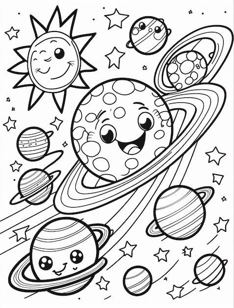 Photo a coloring page with planets and suns in the sky generative ai