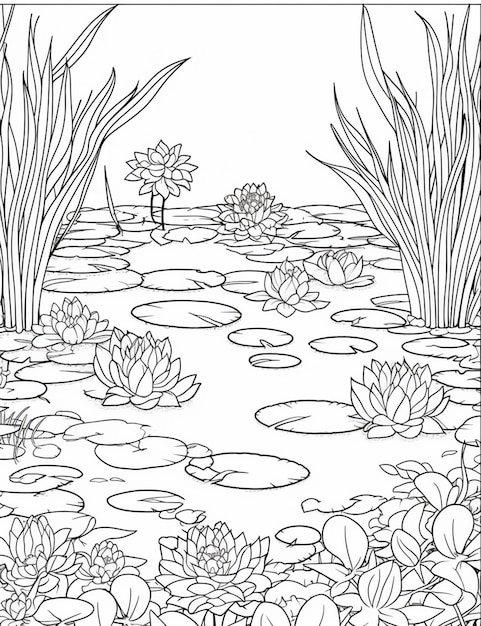 Photo a coloring page with a pond and water lils generative ai