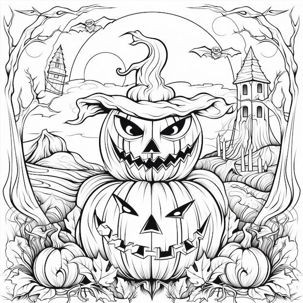 A coloring page with a pumpkin and a witch hat generative ai