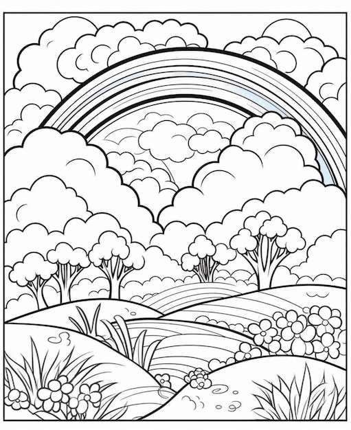 a coloring page with a rainbow and clouds generative ai