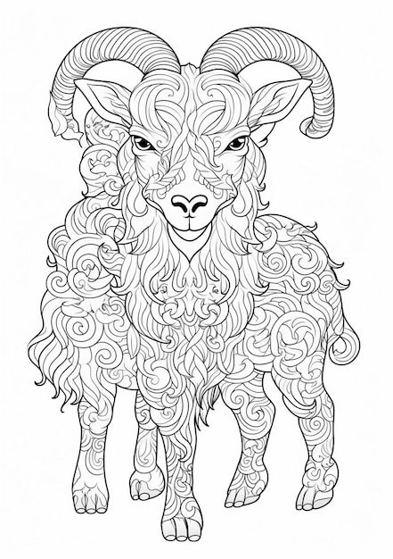 a coloring page with a ram with a long horn and ornate patterns generative ai