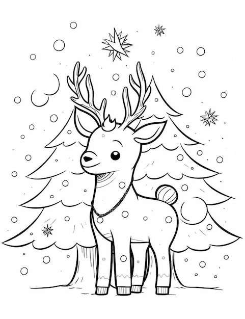 Photo a coloring page with a reindeer and christmas trees generative ai