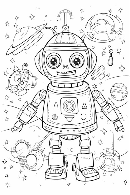 a coloring page with a robot and space objects generative ai