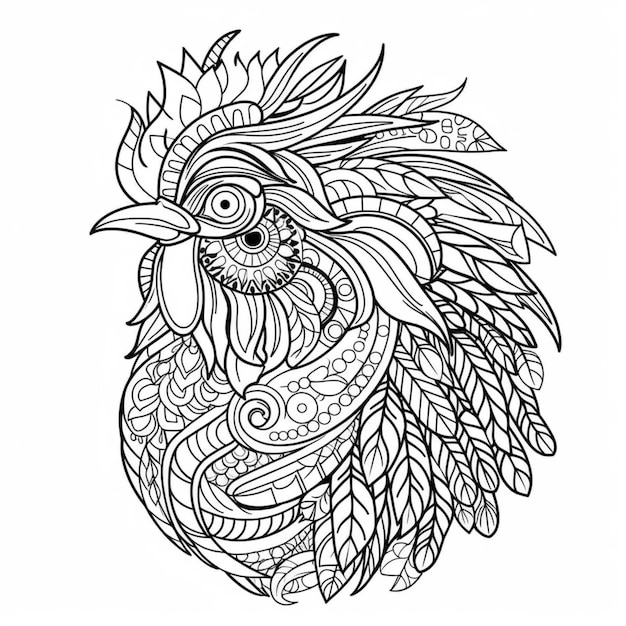 a coloring page with a rooster with feathers and feathers on it generative ai