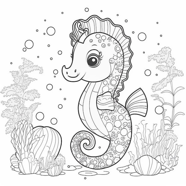 A coloring page with a seahorse and a fish generative ai