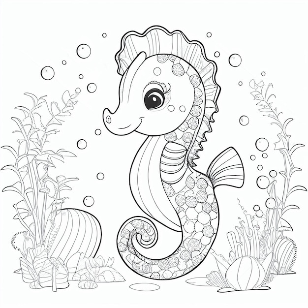 A coloring page with a seahorse and a fish in the ocean generative ai