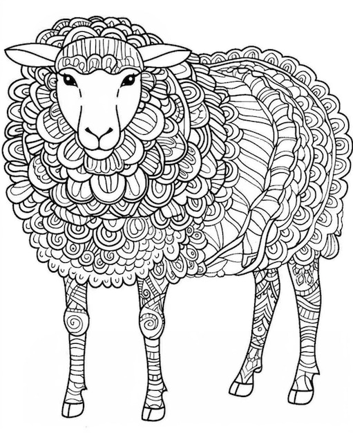 Photo a coloring page with a sheep with a long horn and a large head generative ai