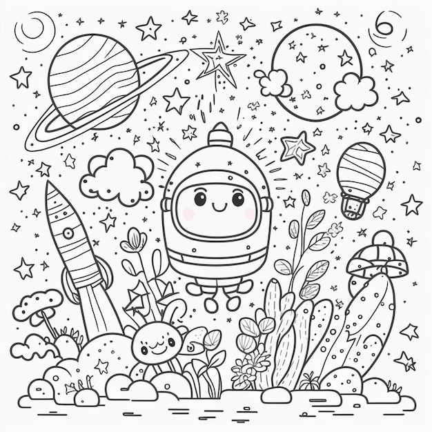 A coloring page with a space theme and a cartoon astronaut generative ai