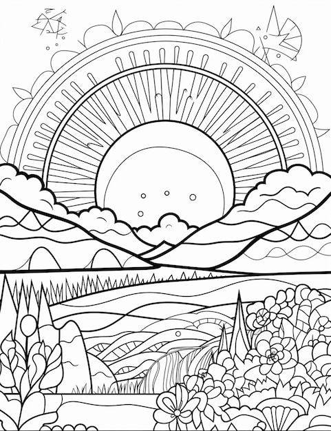 배경 생성 AI에 태양과 산이 있는 색칠 페이지