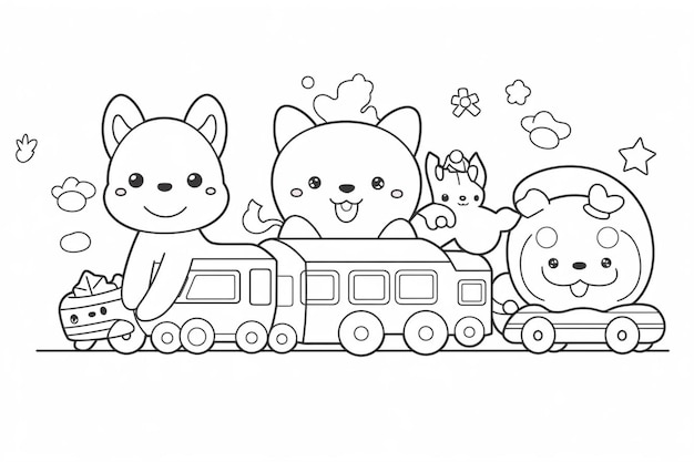 Photo a coloring page with a train with animals and a cat generative ai