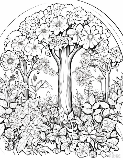 a coloring page with a tree and flowers in a circle generativ ai