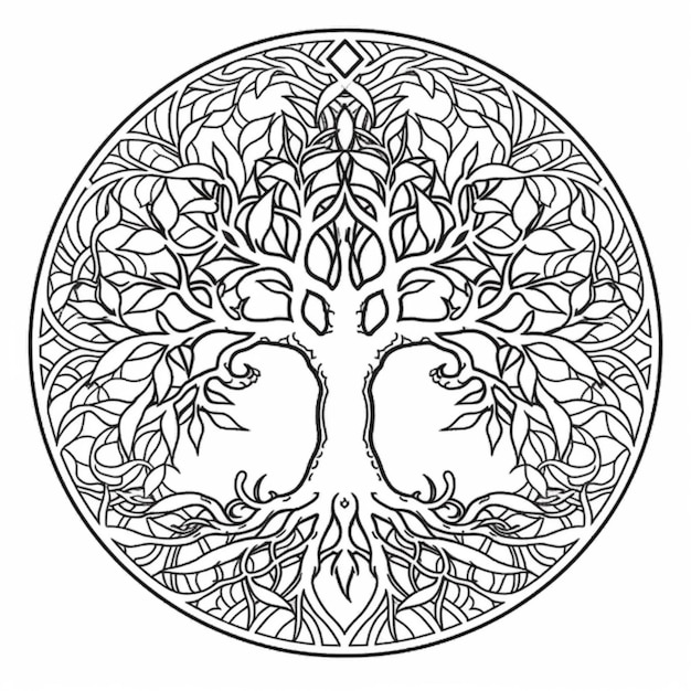 a coloring page with a tree of life in the middle generative ai